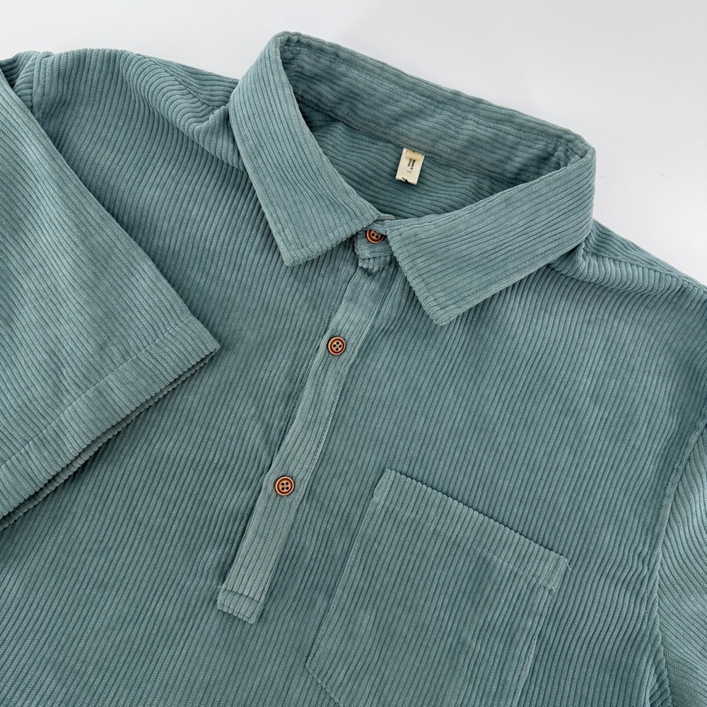 Hoooyi Men's Corduroy Polo Shirt Short Sleeve Sea Green Vintage Retro Casual L